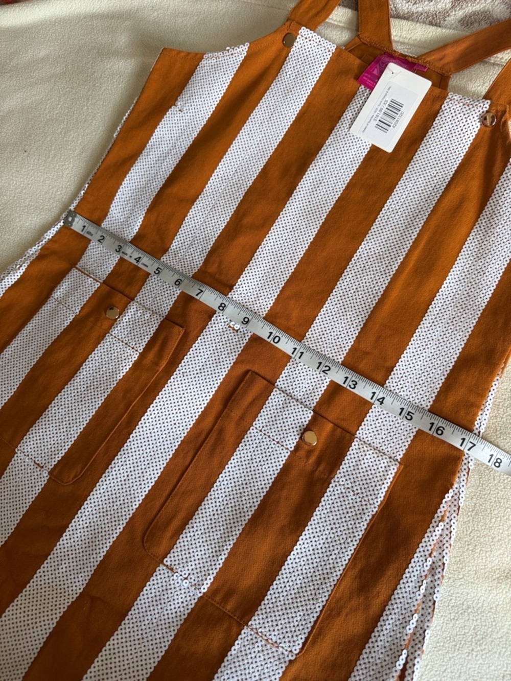 QUEEN OF SPARKLES Rust Orange and White Striped Pinafore Dress Xs Texas - Picture 8 of 9